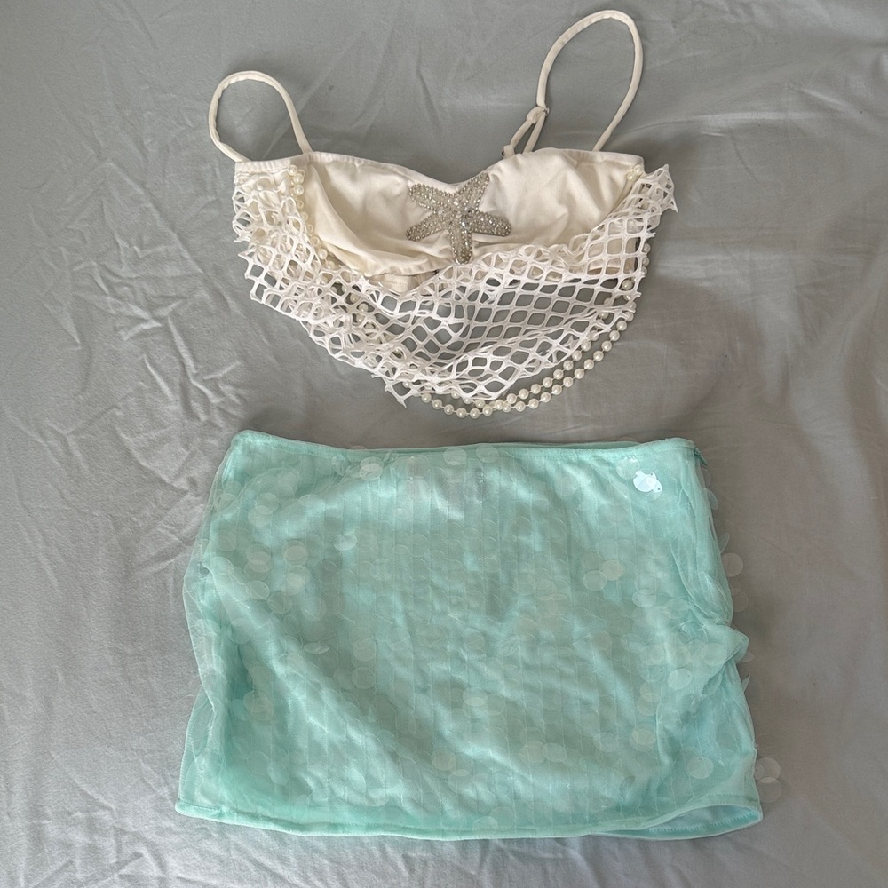 Starfish and Sequin White and Blue Skirt Set Summer Aesthetic Vacation Outfit